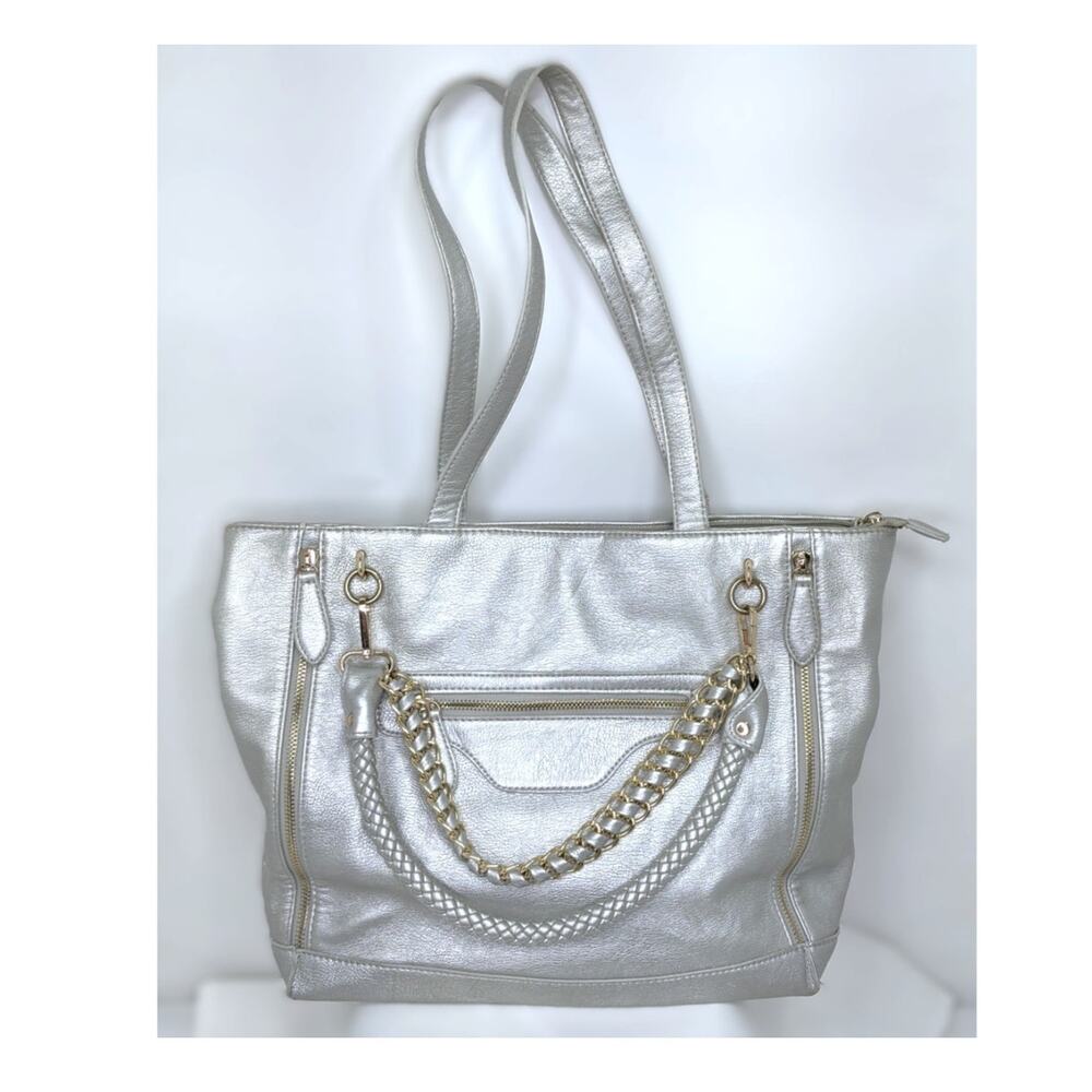 Imoshion Silver Faux Leather Tote Braided Gold Chain Detail Purse Shoulder Bag
